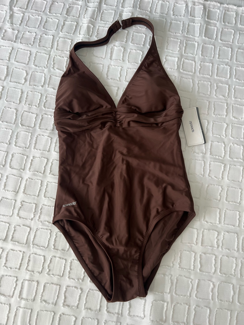 Speedo Brown Halter V-Neck One Piece Moderate Cut Swimsuit NWT
